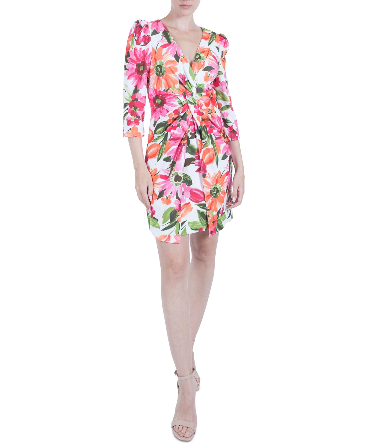 Shop Julia Jordan Women's Floral-print 3/4-sleeve Twist-front Sheath Dress In Ivory,multi