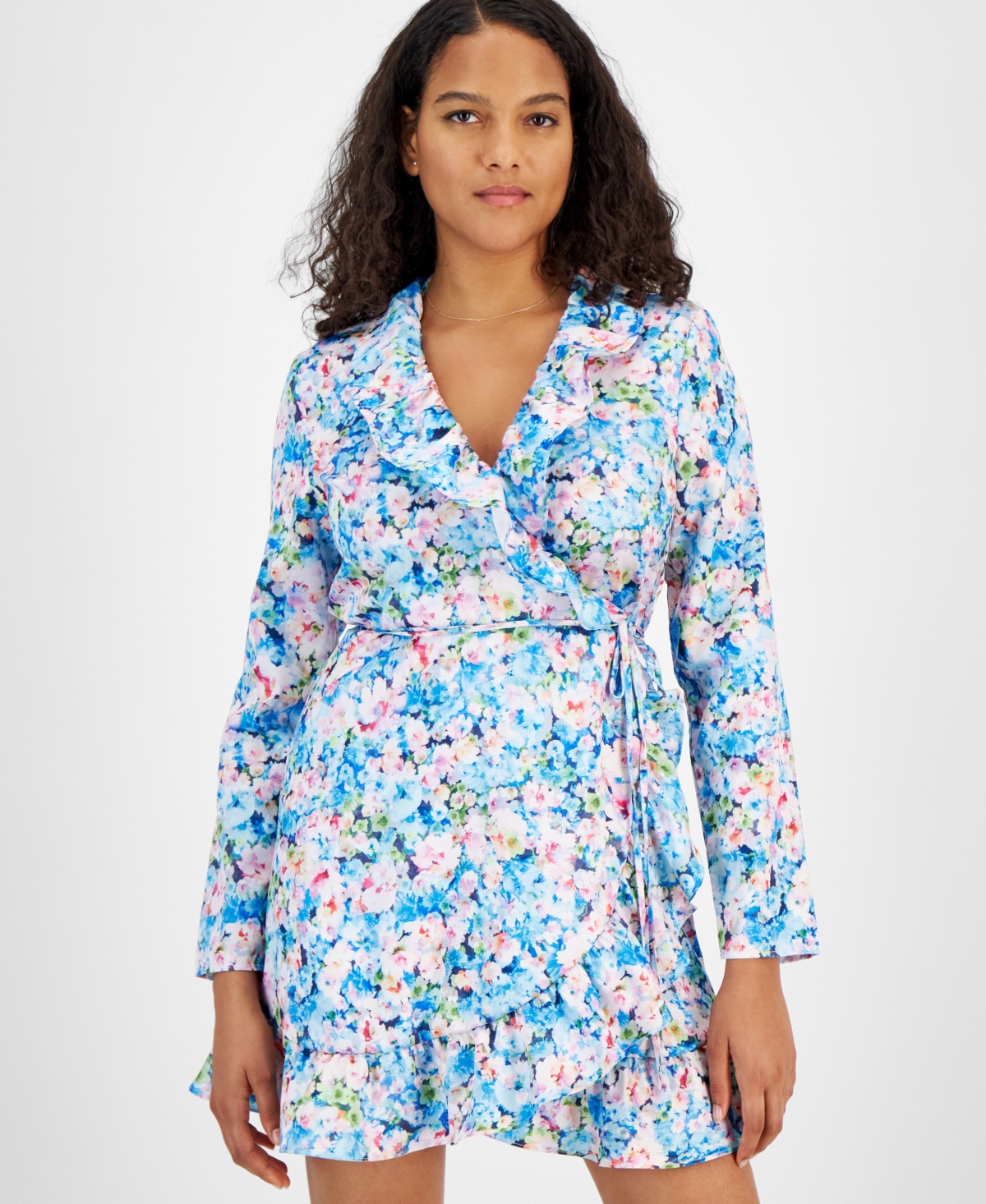 Bar Iii Women's Floral Ruffled V-Neck Long-Sleeve Dress, Created for Macy's