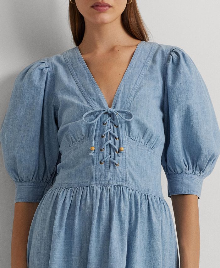 CHAMBRAY PUFF SLEEVE VNECK DRESS WITH PINK & GREEN CONTRAST TRIM