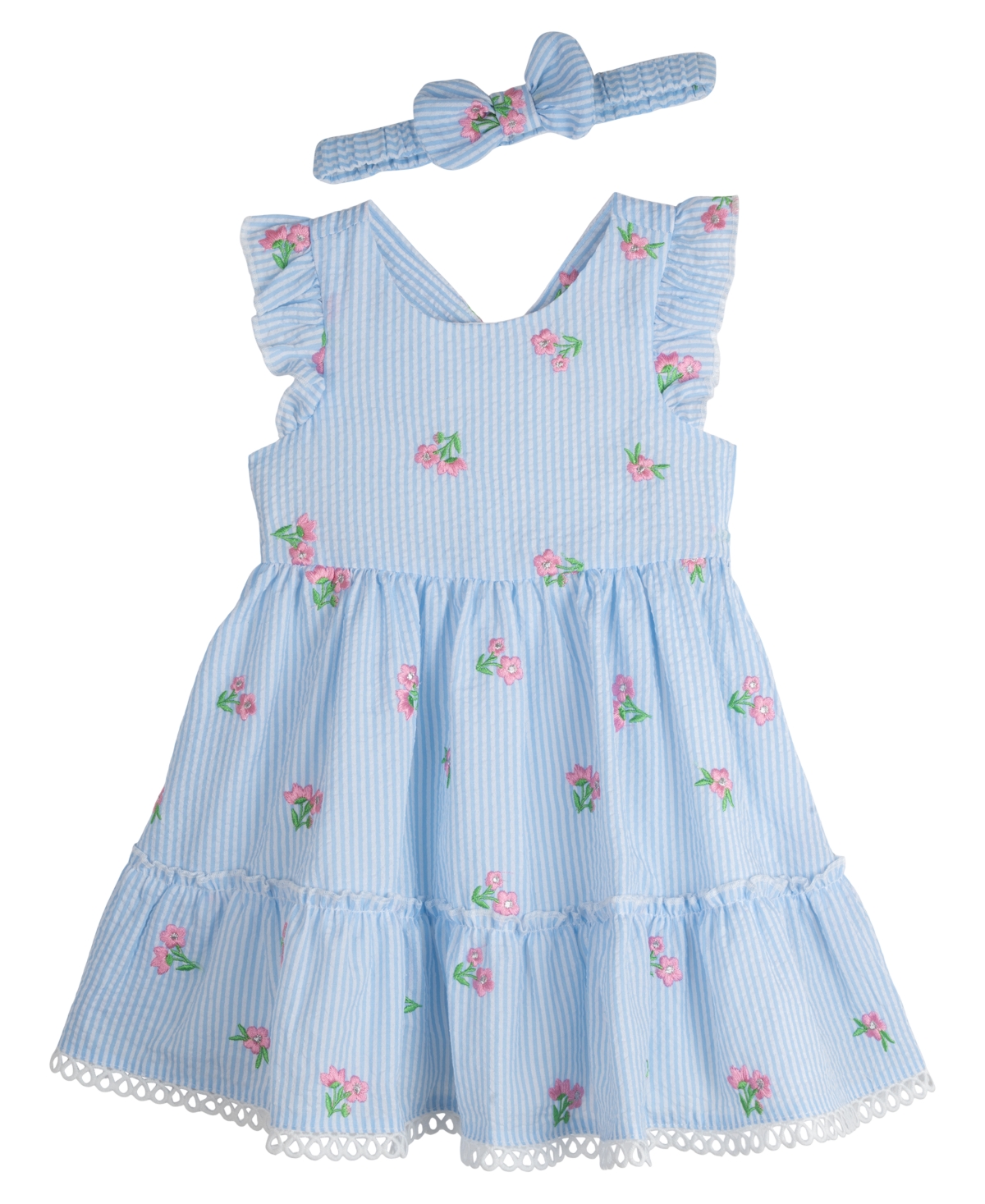 Shop Rare Editions Baby Girls Seersucker Dress With Matching Headband And Diaper Cover, 2 Piece Set In Blue
