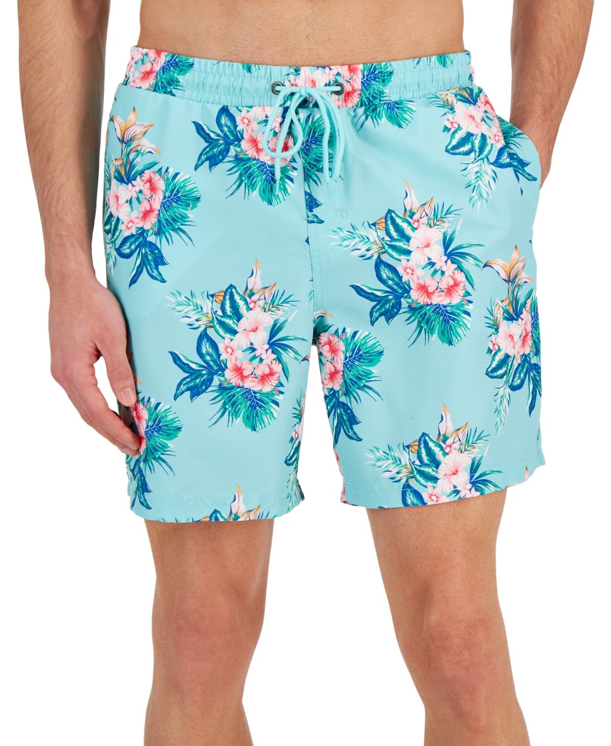 Club Room Men's Afelo Floral-print Quick-dry 7" Swim Trunks, Created For Macy's In Aqua Reef