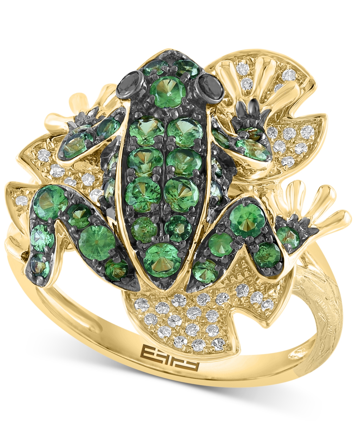 Effy Collection Effy Tsavorite (3/4 Ct. T.w.), White Diamond (1/6 Ct. T.w.) & Black Diaond (1/20 Ct. T.w.) Frog Ring In Yellow Gold