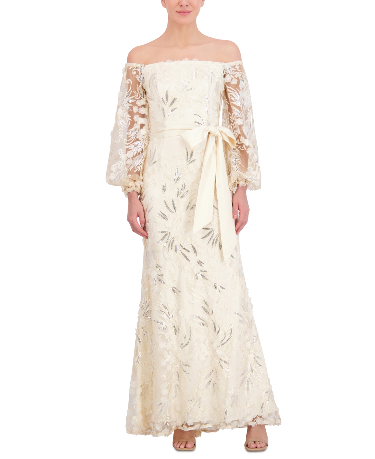 Women's Sequin Embroidered Balloon-Sleeve Gown - Champagne
