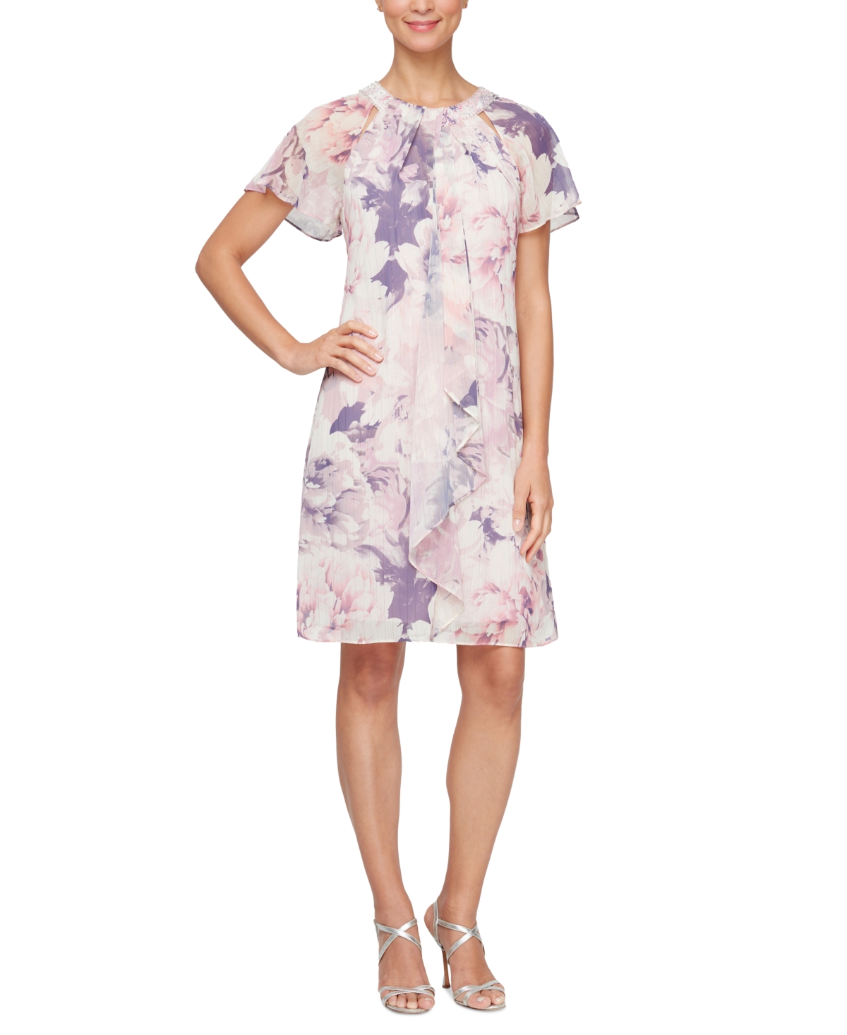 Sl Fashions Women's Printed Embellished Neckline Dress In Lilac Multi