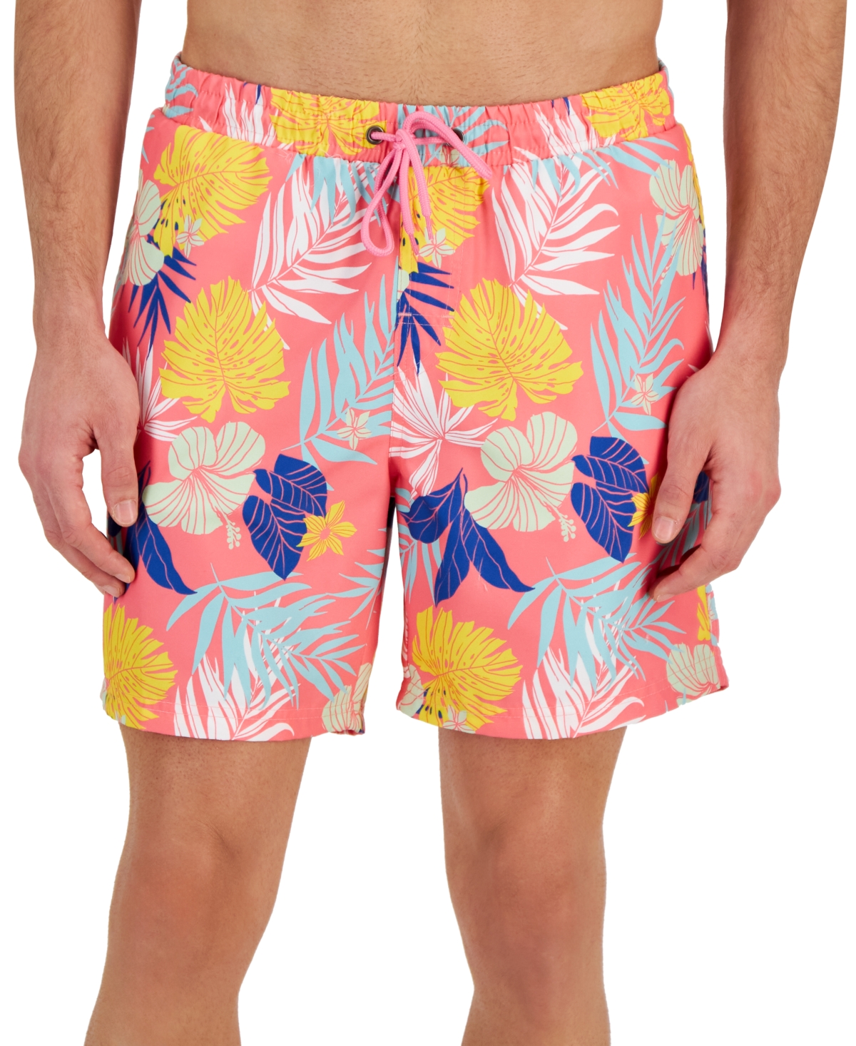 Shop Club Room Men's Hibiscus Floral Print 7" Swim Trunks, Created For Macy's In Bubblegum Pink