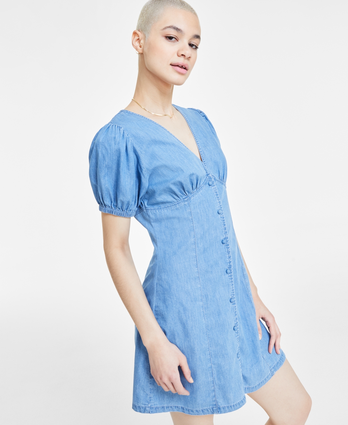 Shop Celebrity Pink Juniors' Cotton Puff-sleeve Babydoll Dress In Light Blue