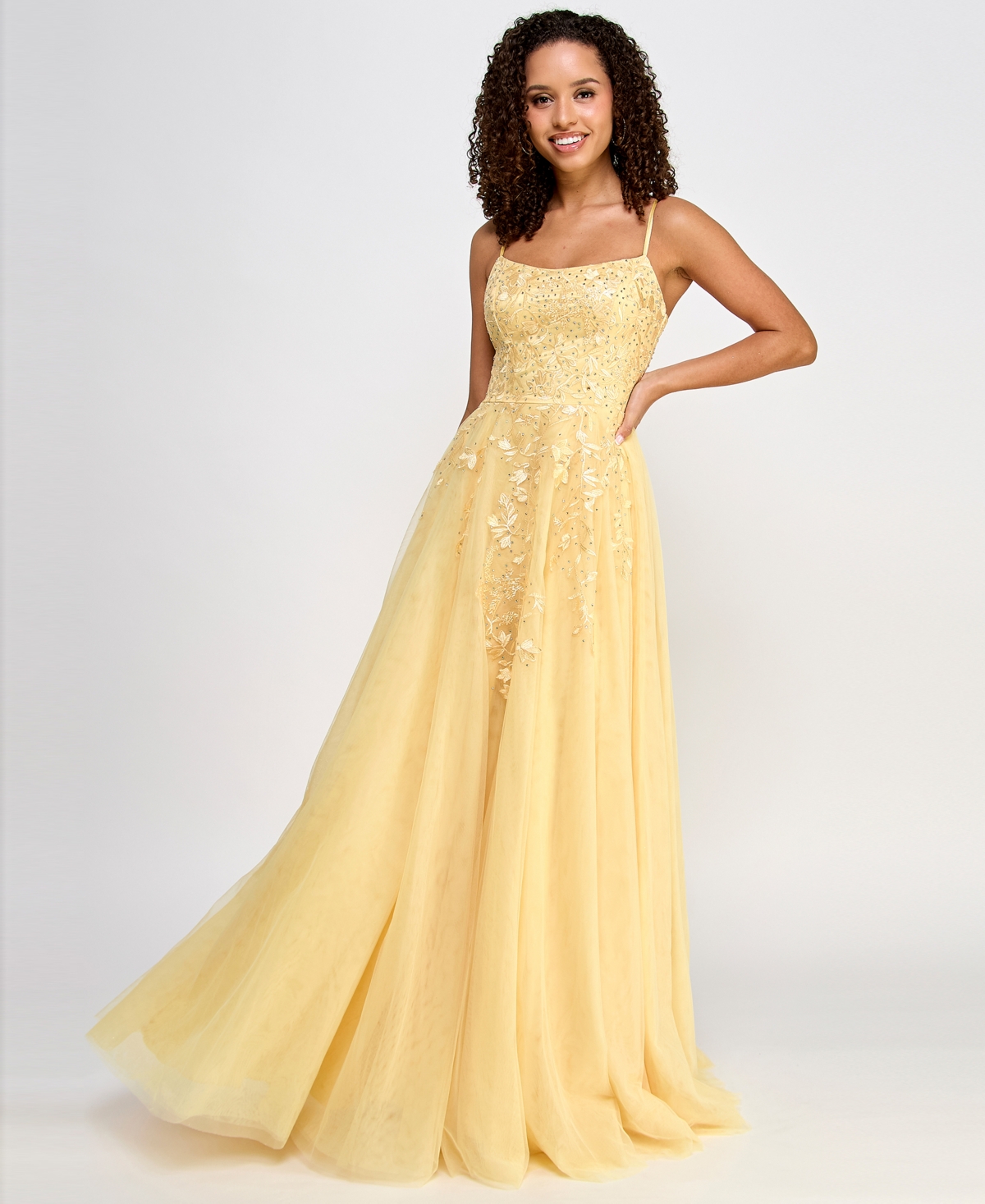 Juniors' Embellished Lace-Up Mesh Gown, Created for Macy's - Lemon
