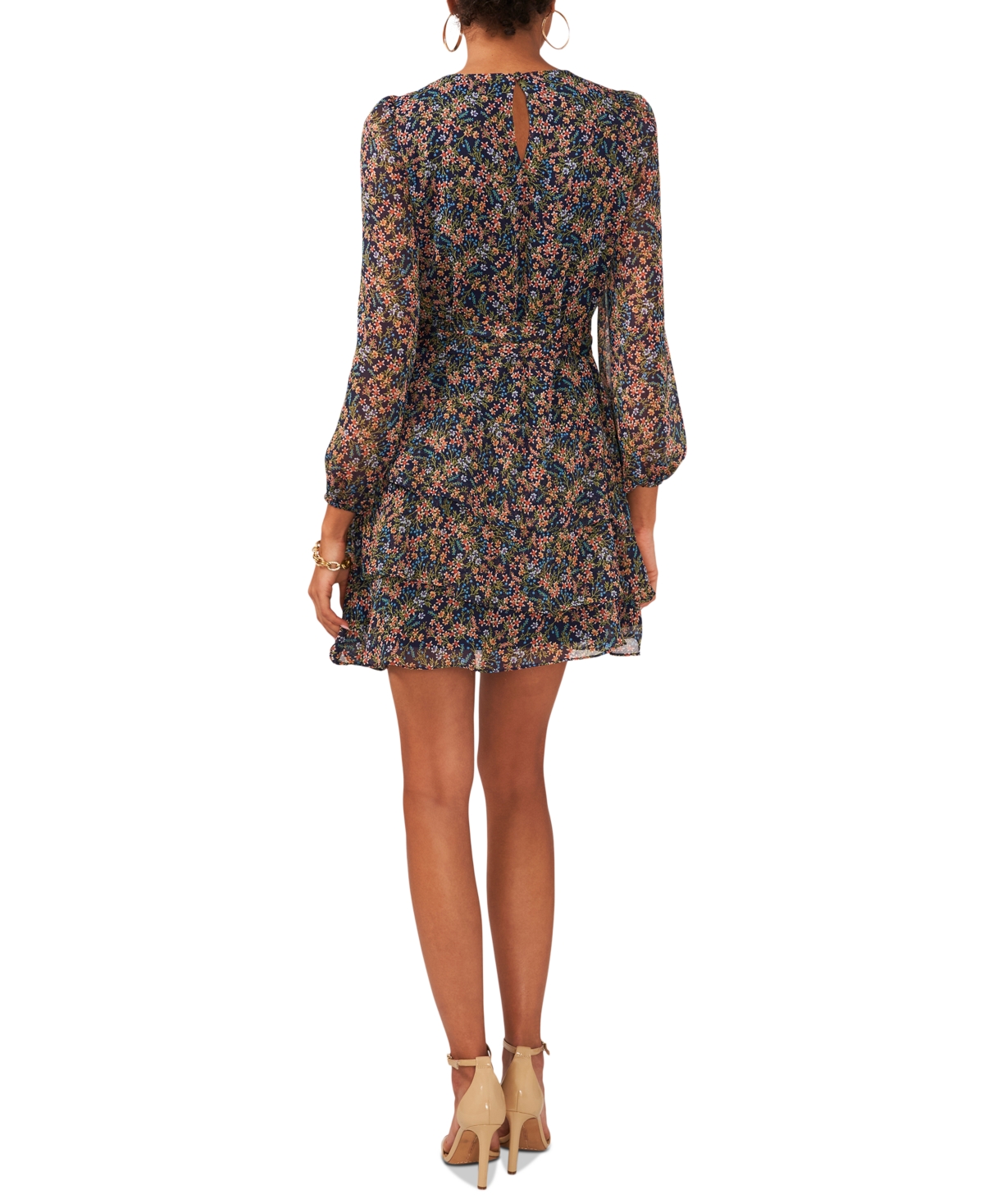 Shop Msk Petite Floral Print Blouson-sleeve Fit & Flare Dress In Navy