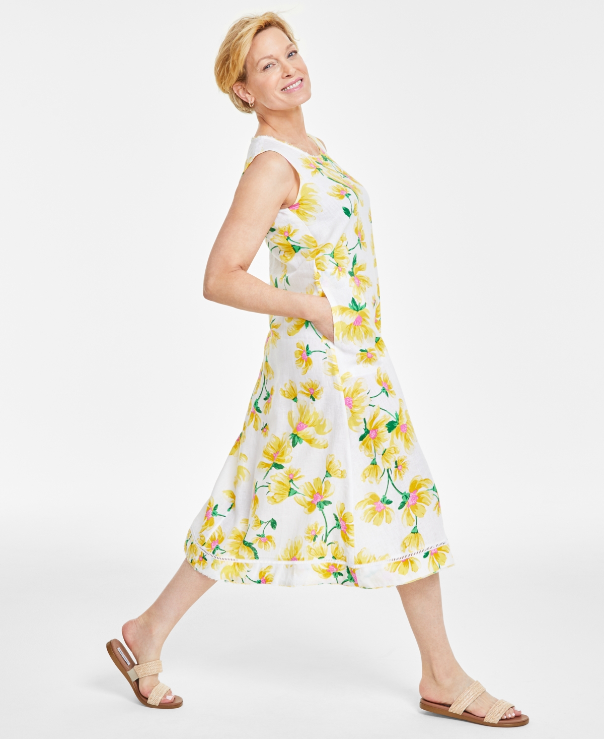 Shop Charter Club Women's 100% Linen Floral-print Sleeveless Midi Dress, Created For Macy's In Bright White Combo