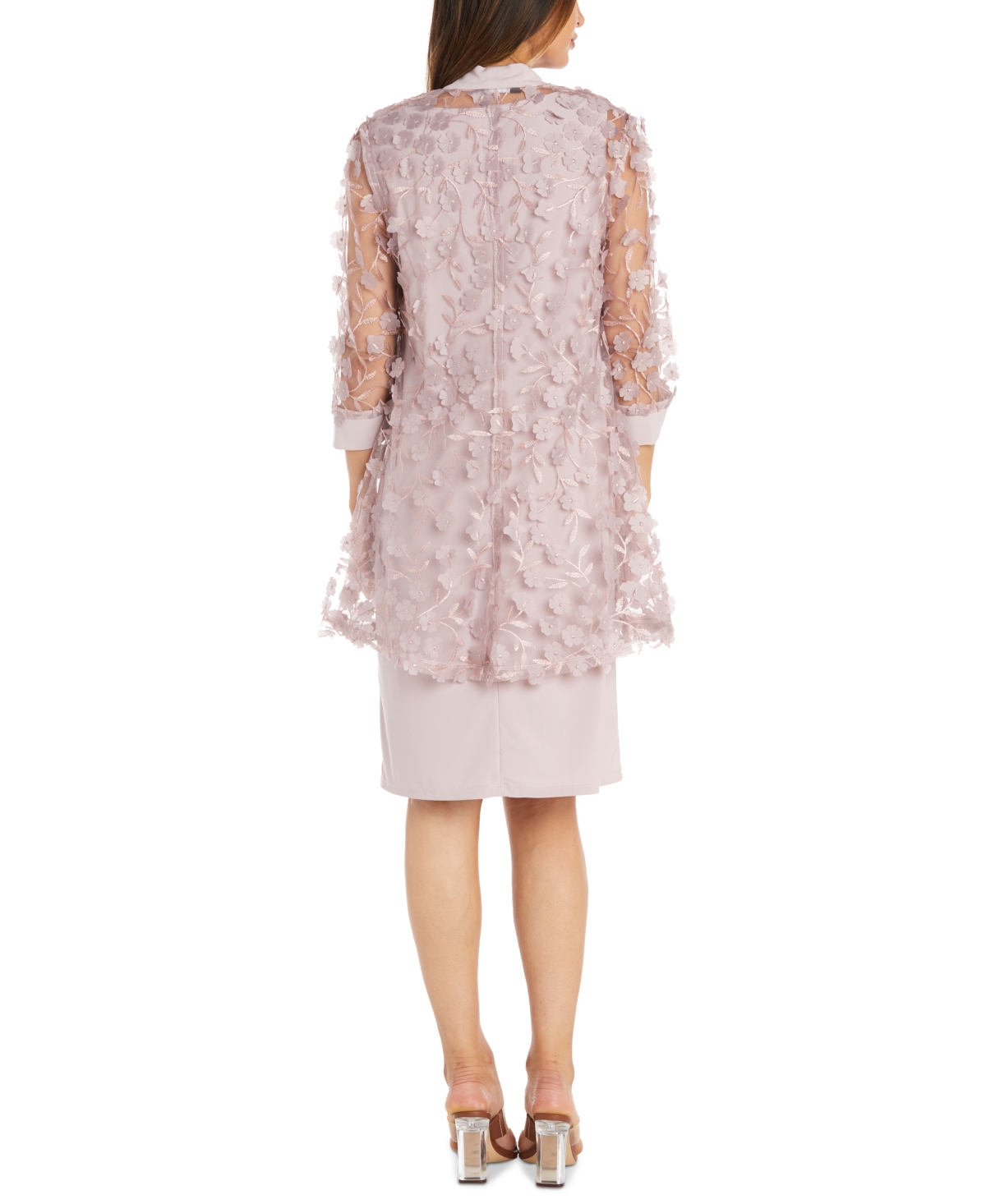 Shop R & M Richards Women's 3d Floral-embellished Sheer Jacket, Sleeveless Sheath Dress & Necklace Set In Mauve