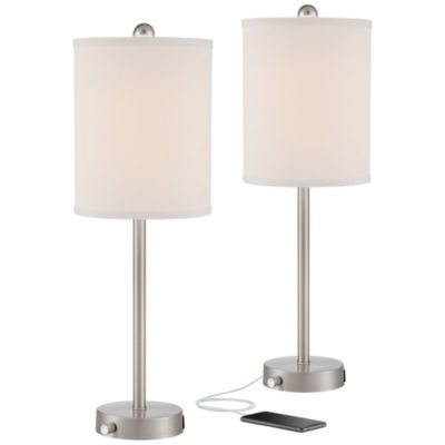 Trotter Modern Table Lamps 23 3/4" High Set of 2 Brushed Nickel with USB and AC Power Outlet in Base White Fabric Cylinder for Home Desk