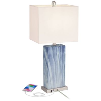 Connie Modern Table Lamps 25" High Set of 2 Blue Faux Marble with USB Charging Port White Rectangular Shade for Living Room Office Desk