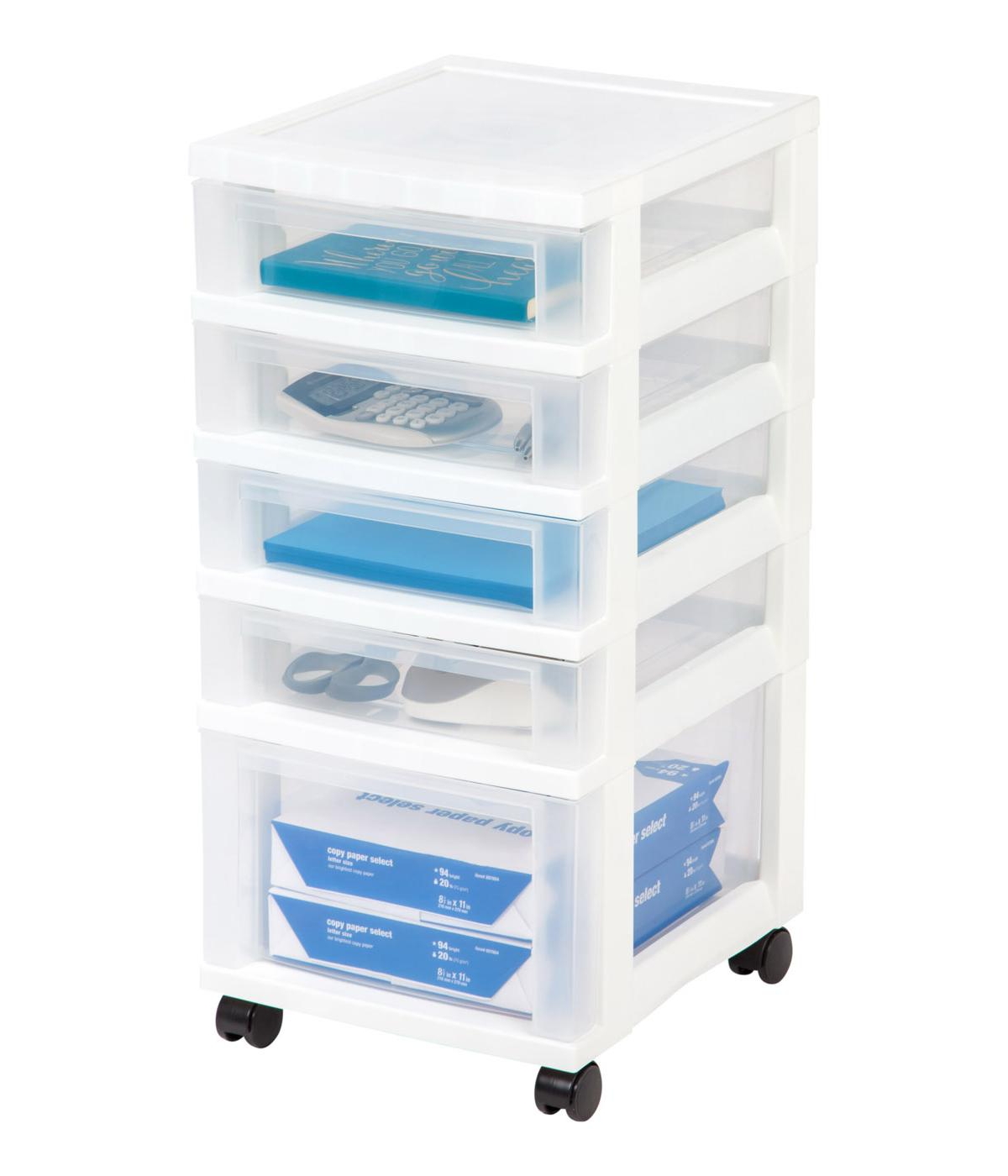 5 Drawer Clear Plastic Drawer Cart Rolling Storage, White - White