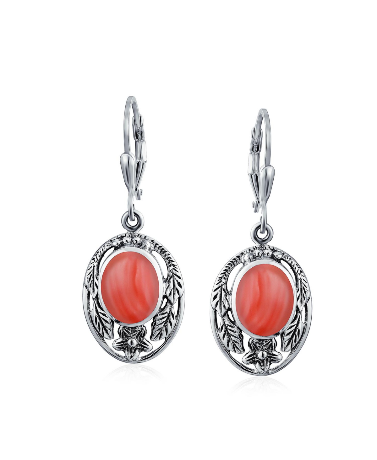 Bling JewelryOval Flower Leaf Carved Synthetic Coral Dangle Lever back Earrings For Women Oxidized Sterling Silver - Pink