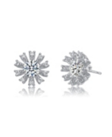 Sterling Silver White Gold Plated Round and Baguette Cubic Zirconia Flower Stud Earrings - Silver