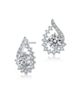 Sterling Silver with White Gold Rhodium Plated Clear Round Cubic Zirconia Pear Shape Earrings - Silver