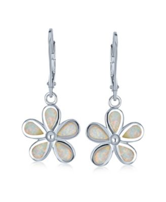 White Plumeria Flower Synthetic Opal Dangling Earrings Sterling Silver Lever Back