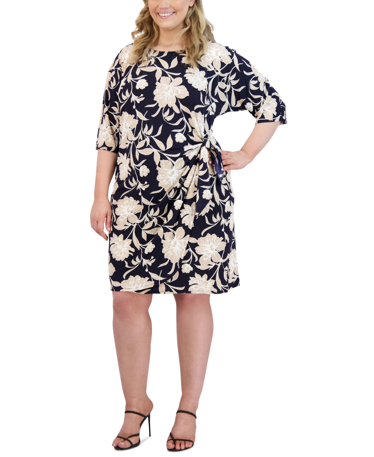 Shop Robbie Bee Plus Size Floral Print Tied A-line Dress In Navy