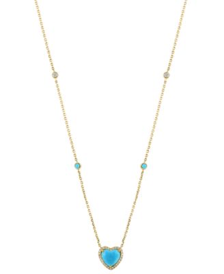 EFFY&reg; Turquoise & Diamond (1/6 ct. t.w.) Heart Halo Pendant Necklace in 14k Gold, 16" + 2" extender