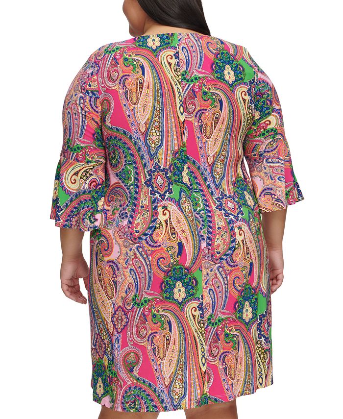 Tommy Hilfiger Women's Paisley Bell Sleeve Jewel Neck Knee Length Shift Dress Plus Blue Size 16W main image 0