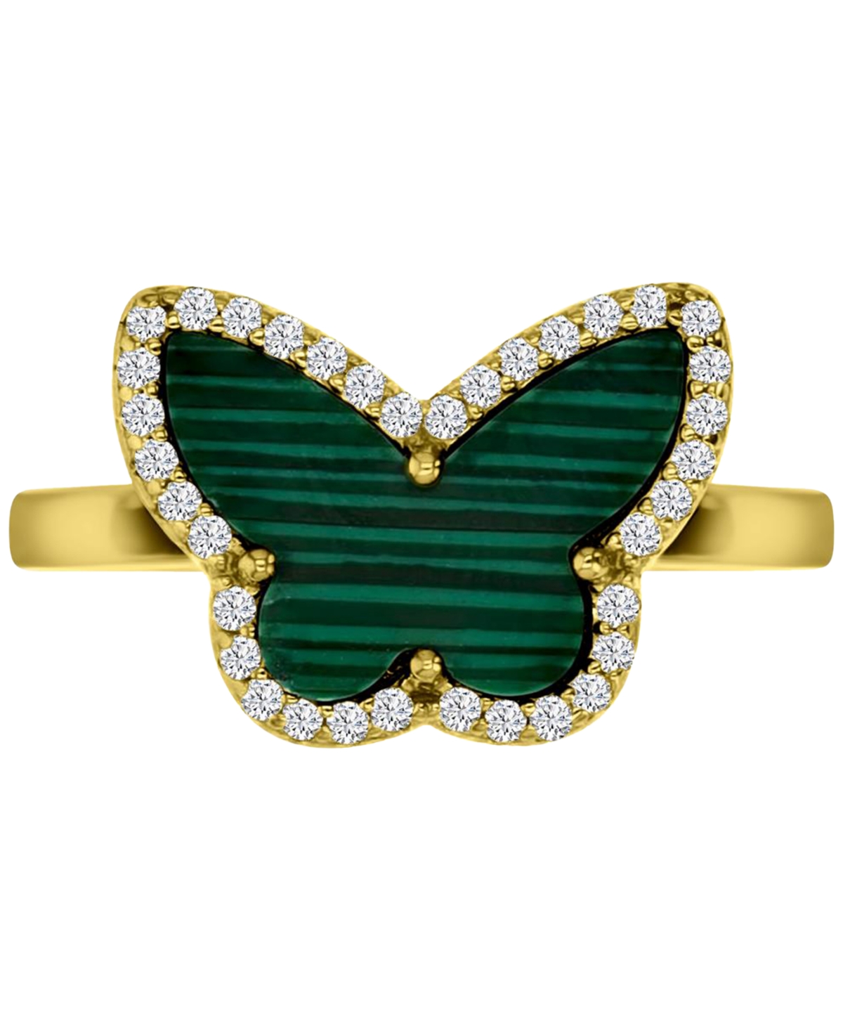 Shop Macy's Malachite & Cubic Zirconia Butterfly Halo Ring In 14k Gold-plated Sterling Silver