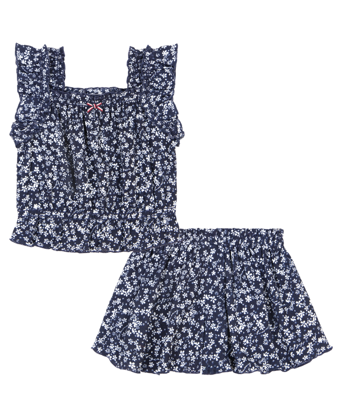 Tommy Hilfiger Kids' Little Girls Ditsy Floral Stretch Crinkle Shorts, 2 Piece Set In Navy