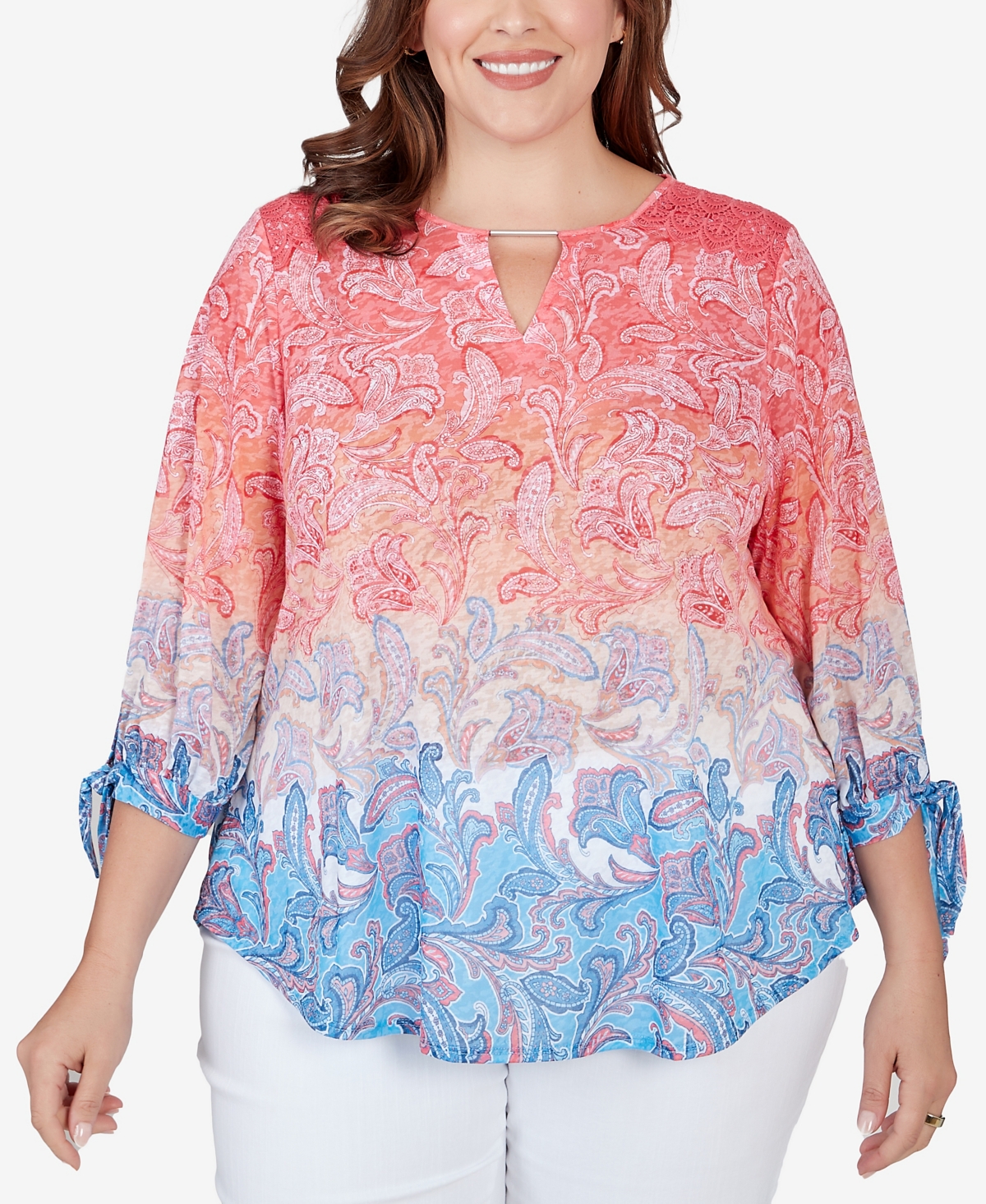 Ruby Rd. Plus Size Ombre Guava Paisley Printed Knit Top In Guava Multi