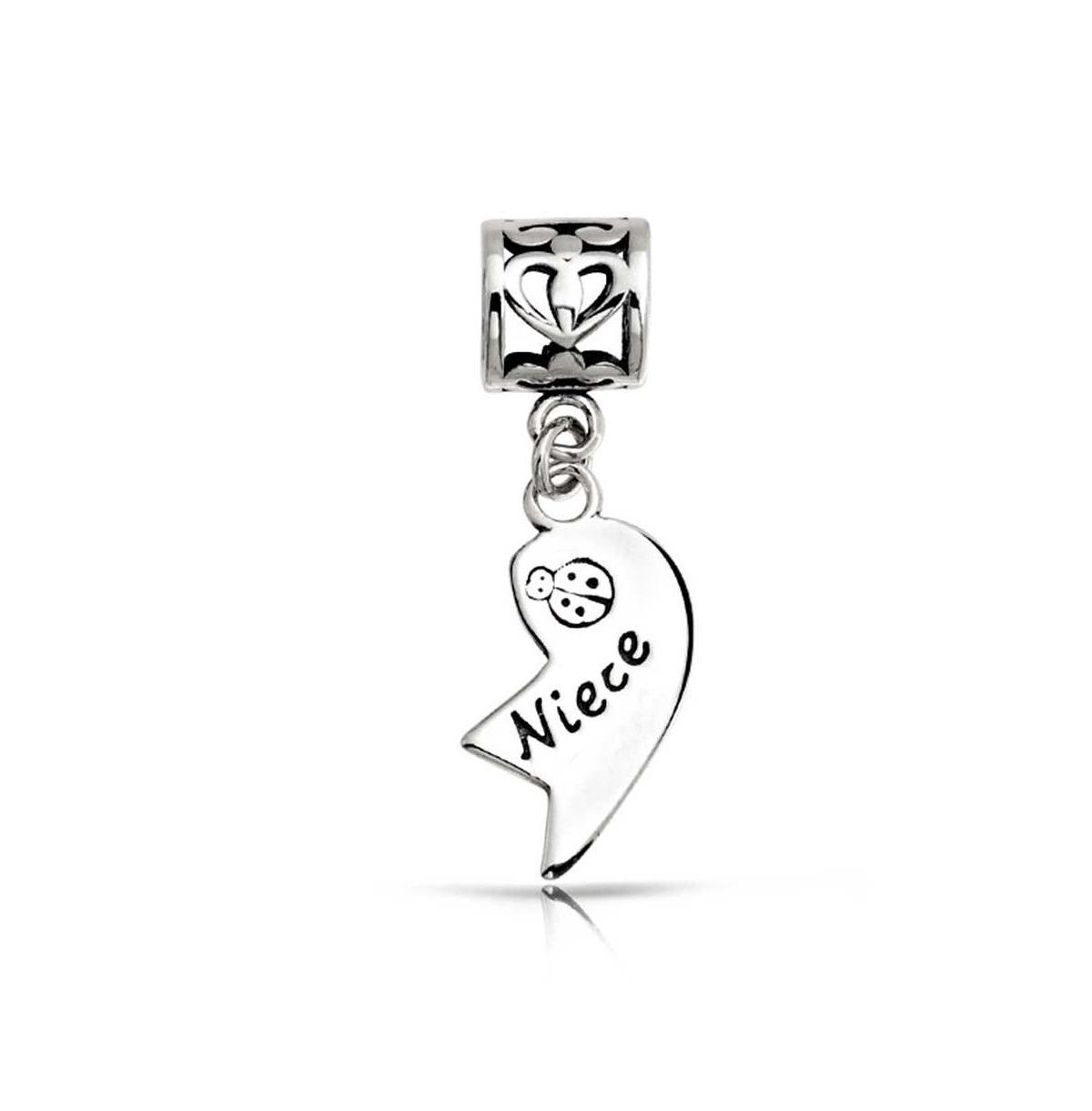 Bling Jewelry Bff Ladybug Puzzle Two Piece Split Heart Shape Words Aunt Niece Dangle Bead Charm Oxidized SterlingFits European Bracelet - Silv