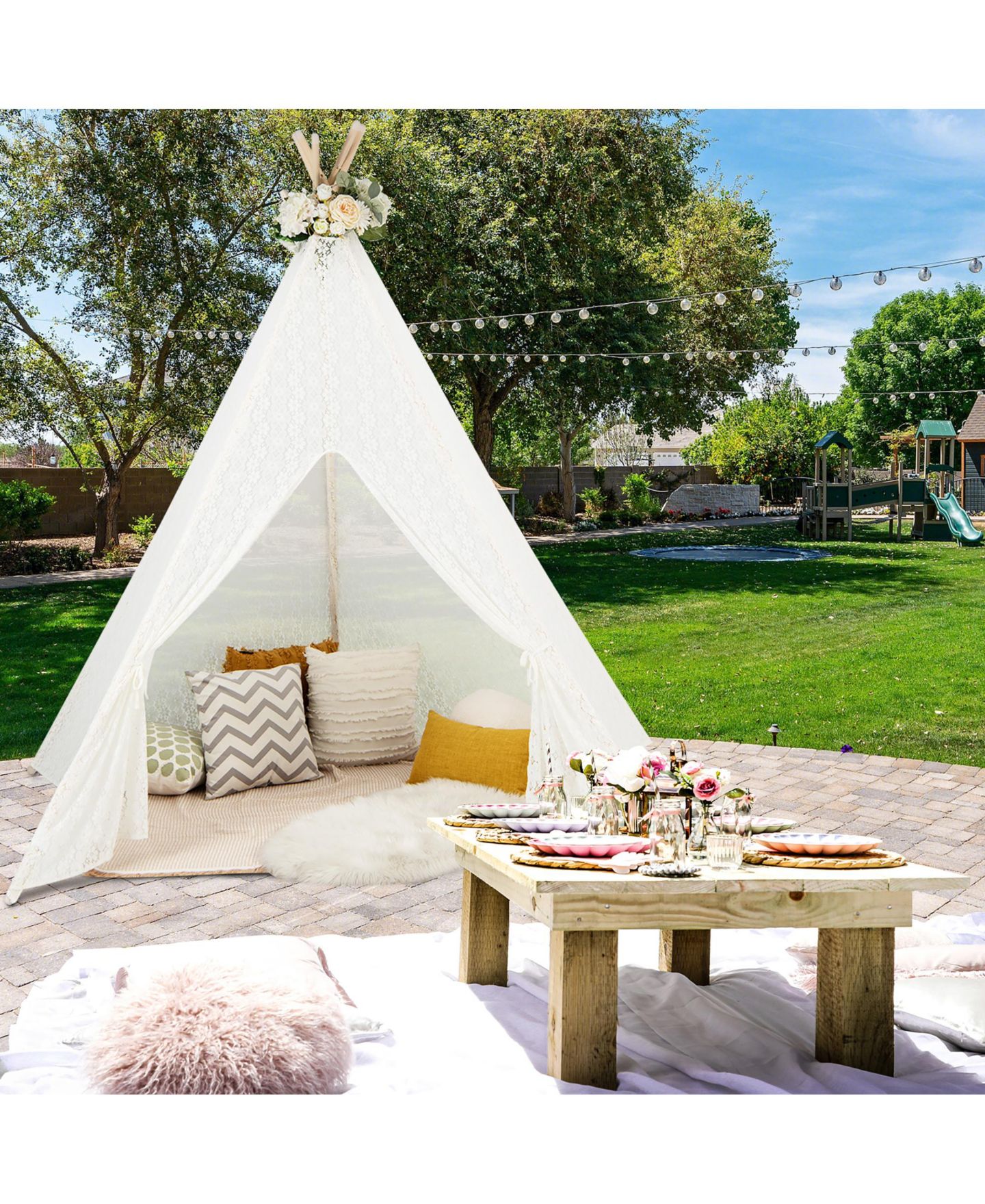 Детская игрушка Costway 5-Sided Lace Play Tent With Light Strings, Ages 3+, цвет: Белый — фото 2