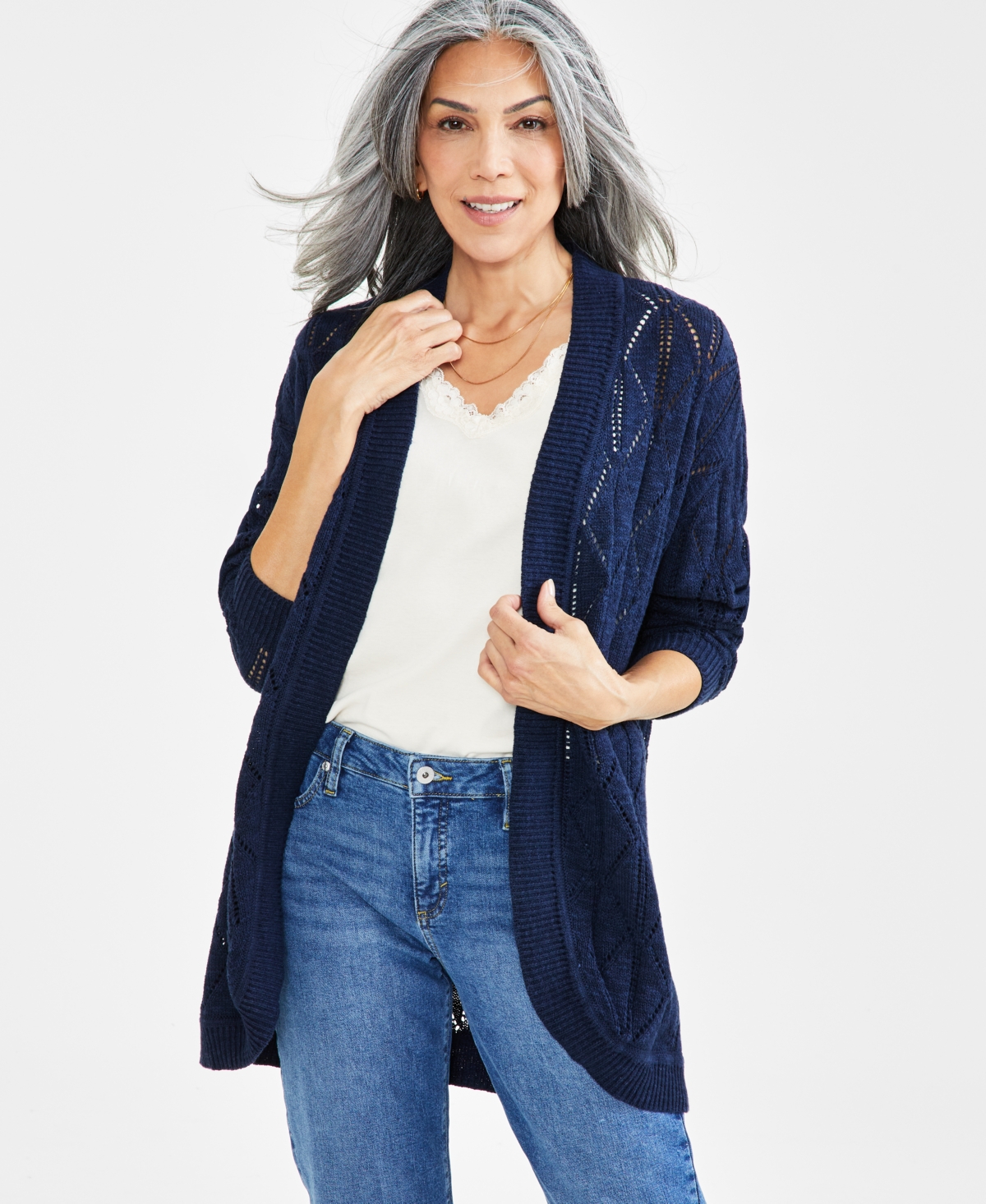 Style & Co Women's Pointelle Open-front Cardigan, Created For Macy's In Industrial Blue