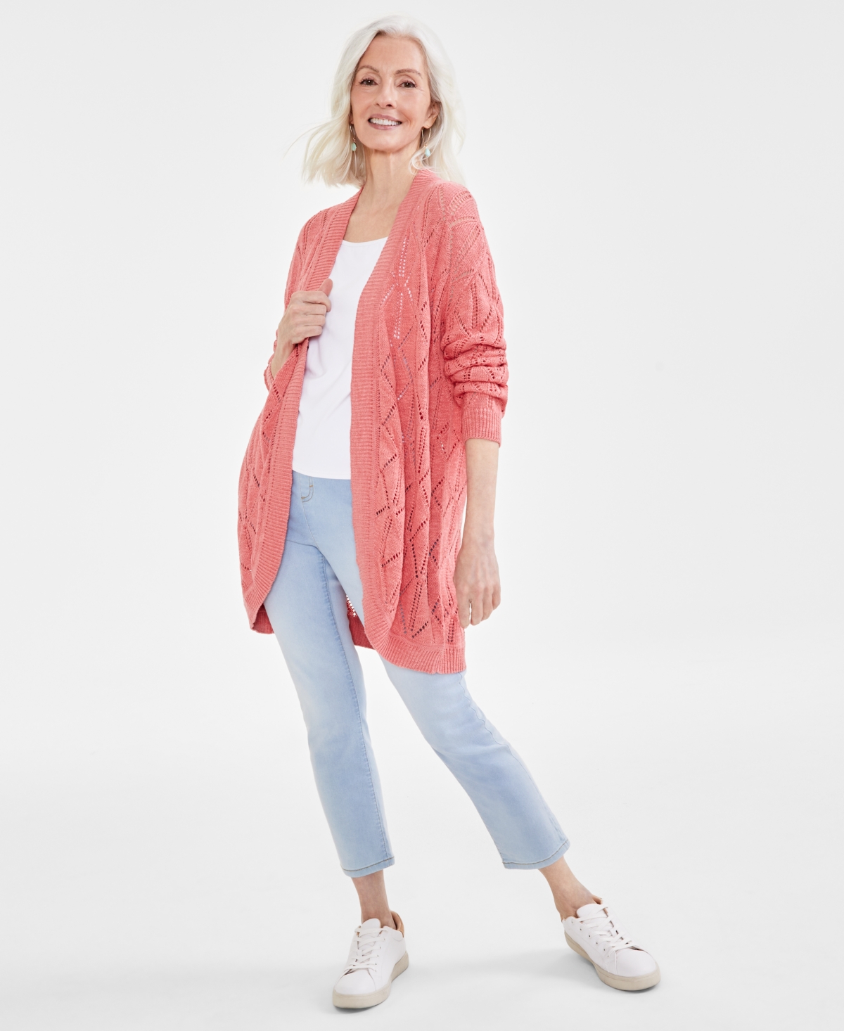 Style & Co Plus Size Open-front Pointelle Cardigan, Created For Macy's In Sea Coral