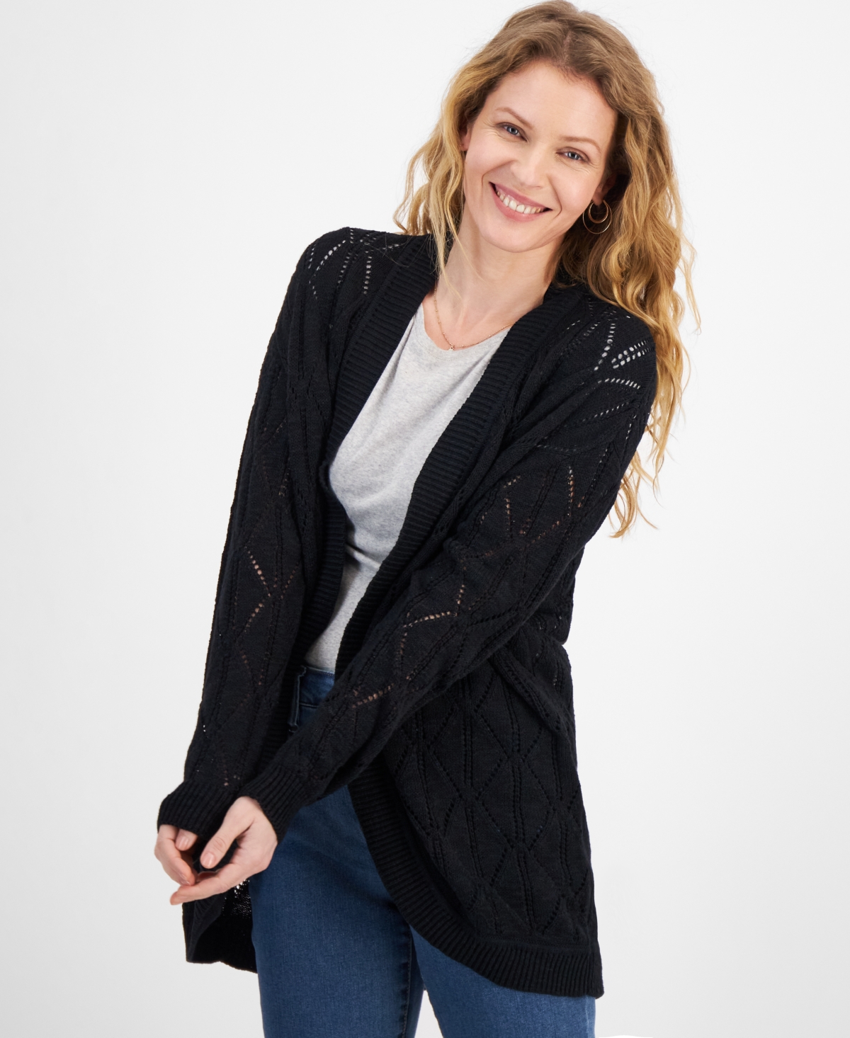 Style & Co Women's Pointelle Open-front Cardigan, Created For Macy's In Deep Black