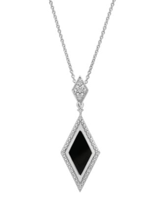Macy's - Onyx & Diamond (1/20 ct. t.w.) Geometric Framed Pendant Necklace in Sterling Silver, 16" + 2" extender