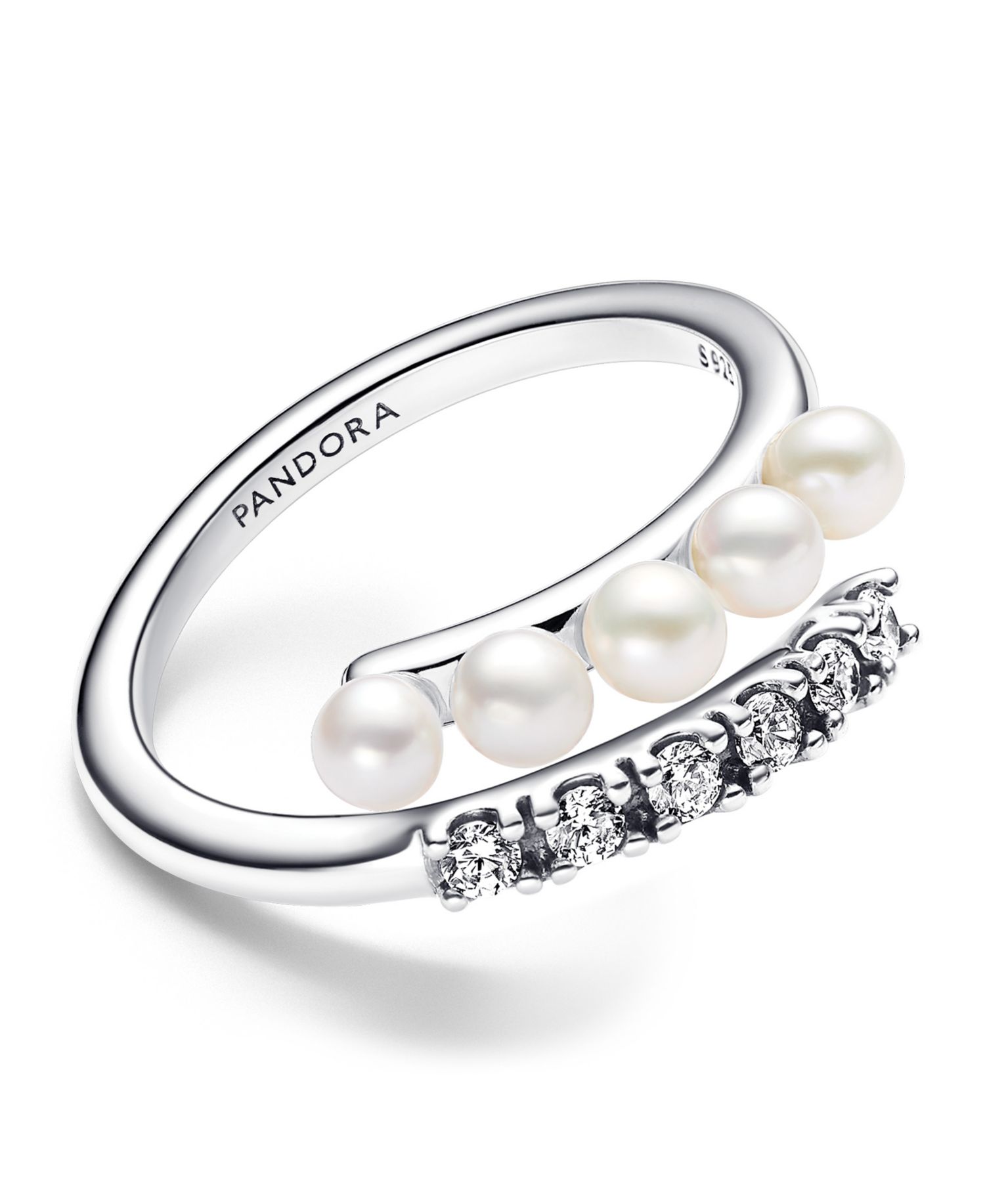 Sterling Silver Timeless Treated Freshwater Cultured Pearls Pave Open Ring