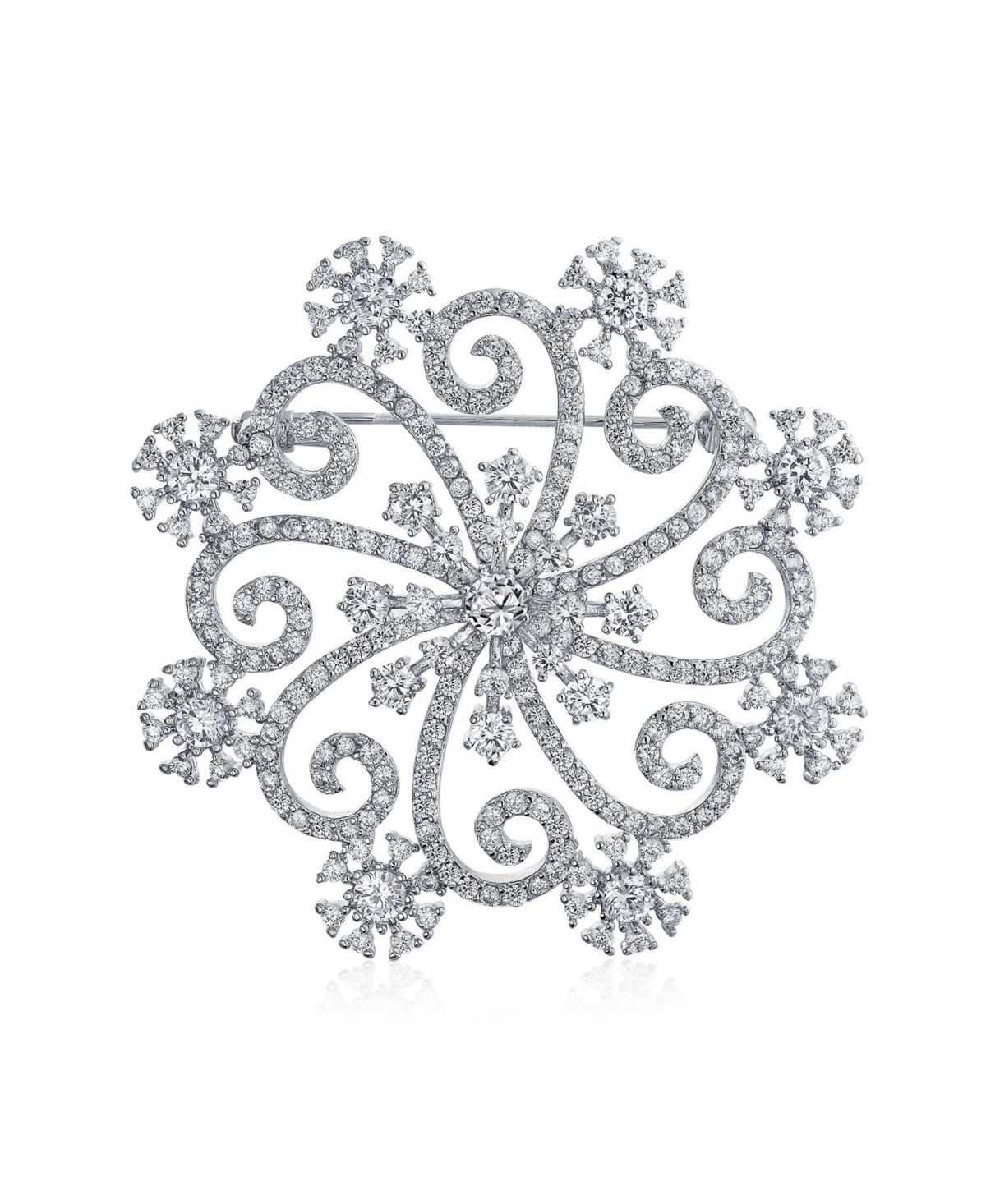 Large Frozen Winter Swirl Holiday Party Cz Cubic Zirconia Scarf Christmas Statement Snowflake Brooch Pin For Women - Silver tone