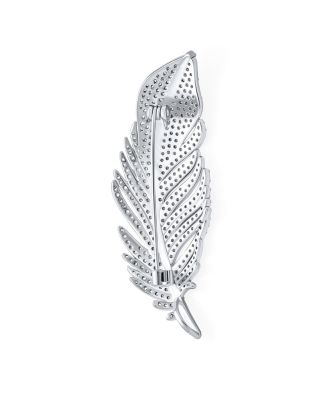 Classic Elegant Style Large Micro Pave CZ Fan Feather Leaf Brooch Pin Pendant 2 in 1 Rhodium Brass