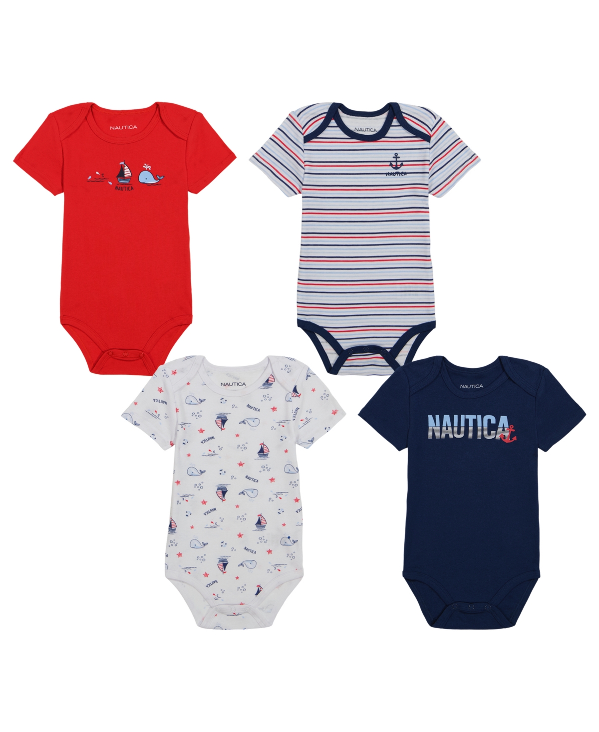 Nautica Baby Boys Short Sleeve Sailing-inspired Bodysuits, Pack Of 4 In Red,navy,multi