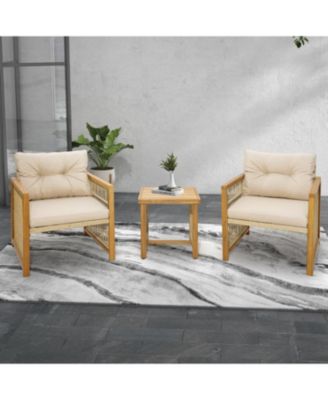 3 Pieces Patio PE Wicker Conversation Set with Acacia Wood Frame and Cushions