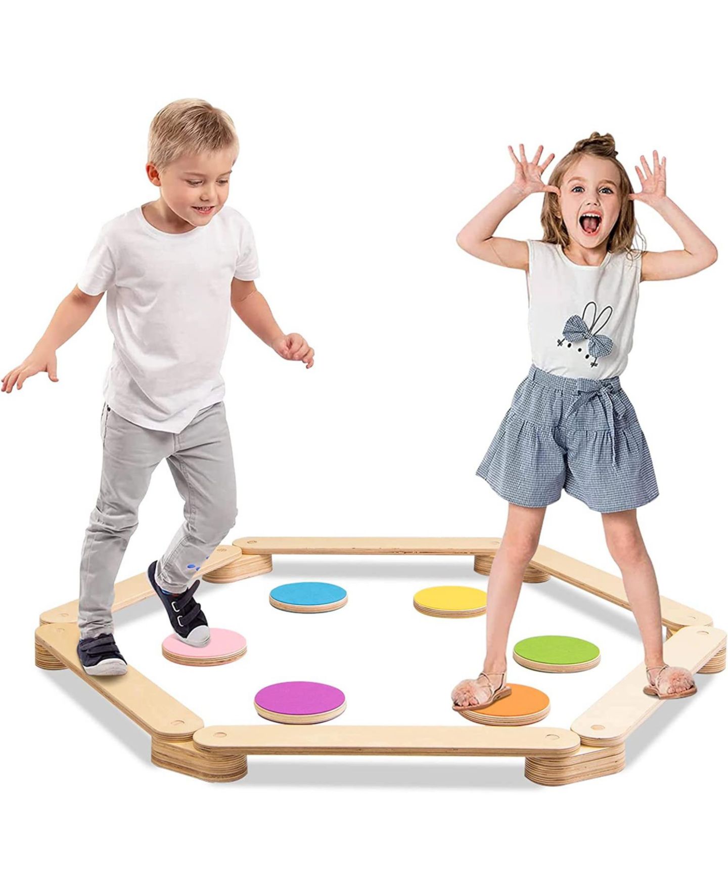 Детские игрушки SUGIFT 12-Piece Wooden Balance Beam with Colorful Stepping Stones Set, Ages 3-7 — фото 1