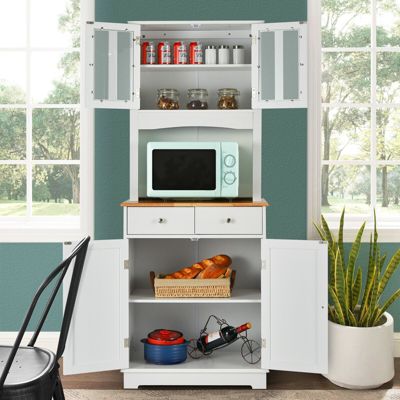 67" Tall MDF, Engineered & Rubber Wood, Wood Top, Hutch, Adjustable Shelves, Glass Doors Kitchen Pantry Cabinet