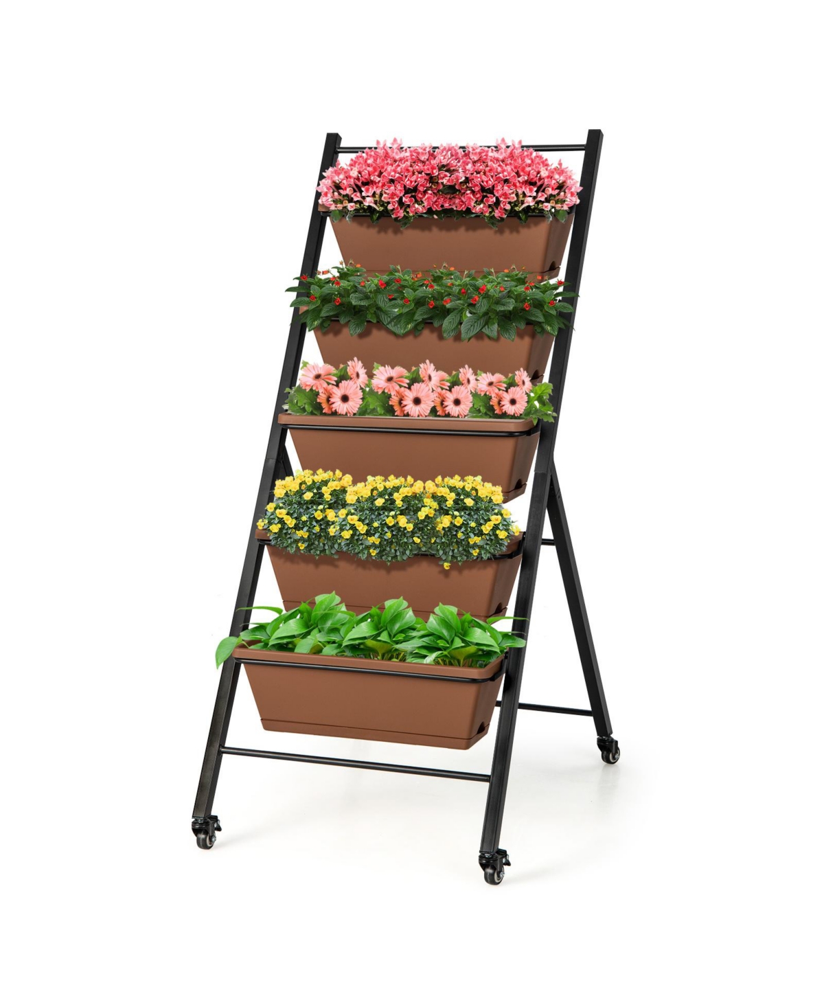 5-Tier Vertical Raised Garden Bed with Wheels and Container Boxes - Brown