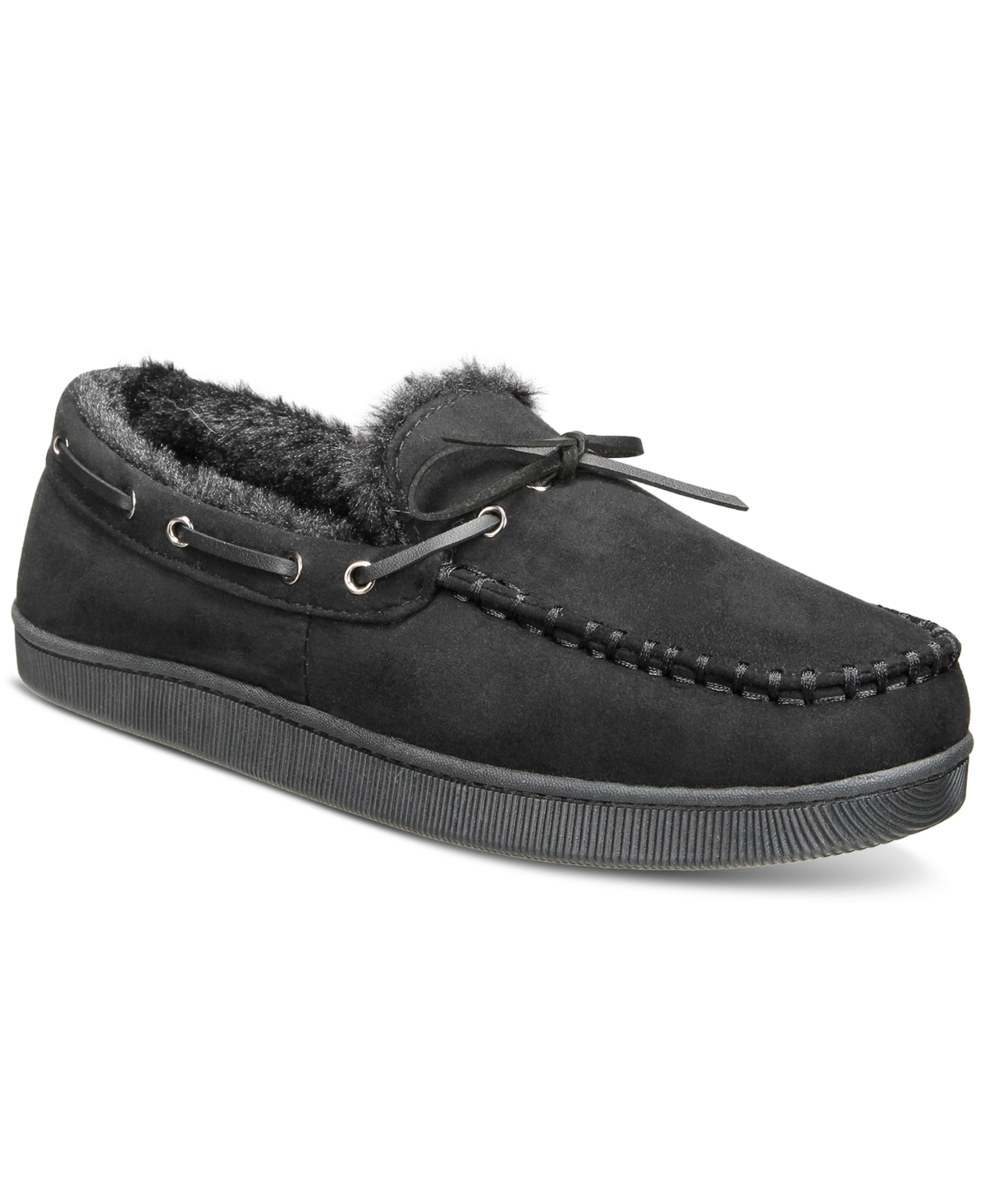Shop Club Room Men's Faux-suede Moccasin Slippers With Faux-fur Lining, Created For Macy's In Black