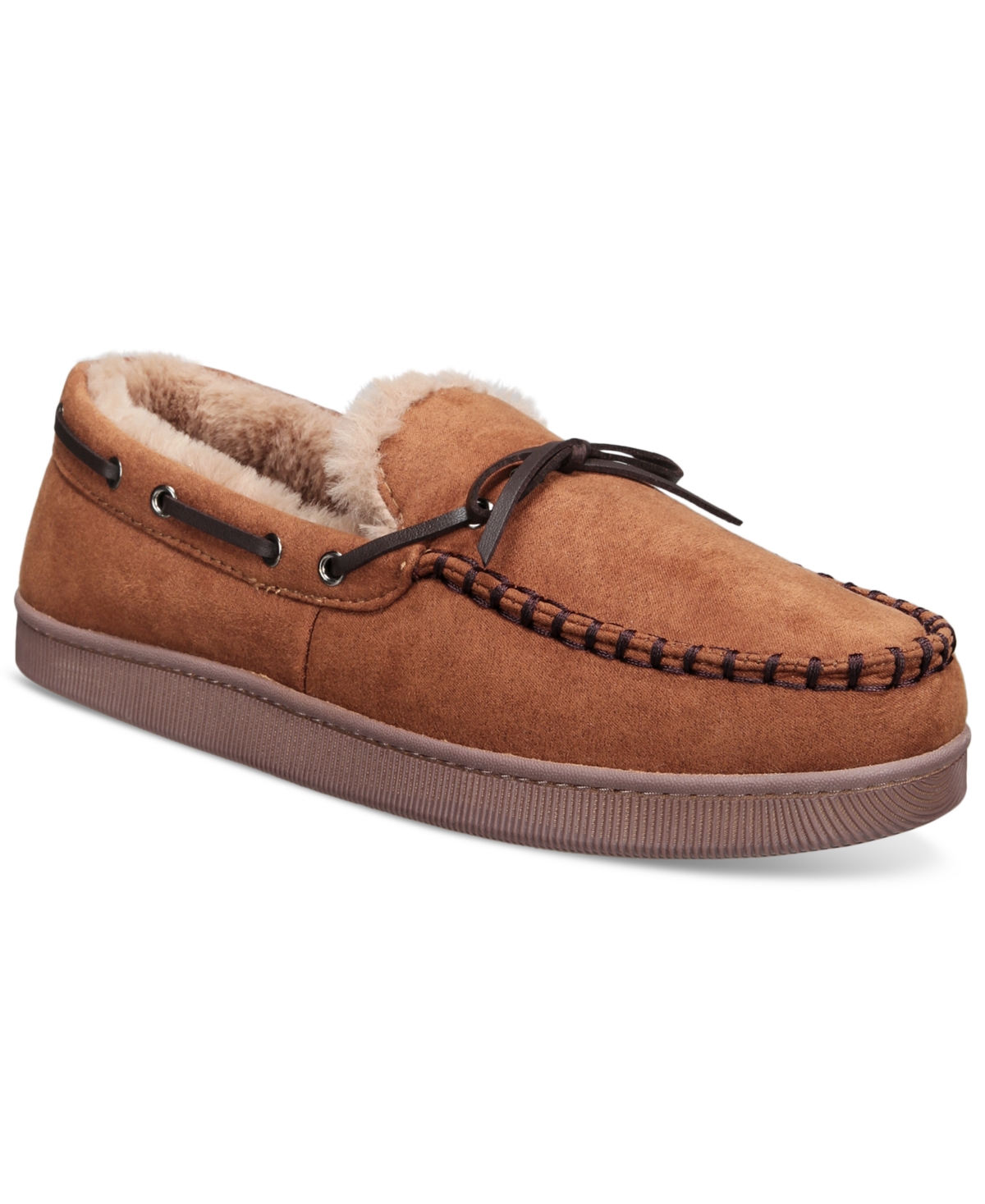 Shop Club Room Men's Faux-suede Moccasin Slippers With Faux-fur Lining, Created For Macy's In Tan