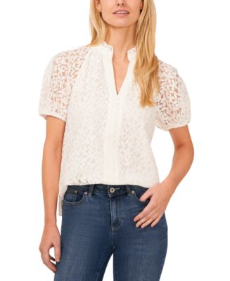 CeCe Women's Floral Lace Puff Sleeve Split Neck Top - Macy's