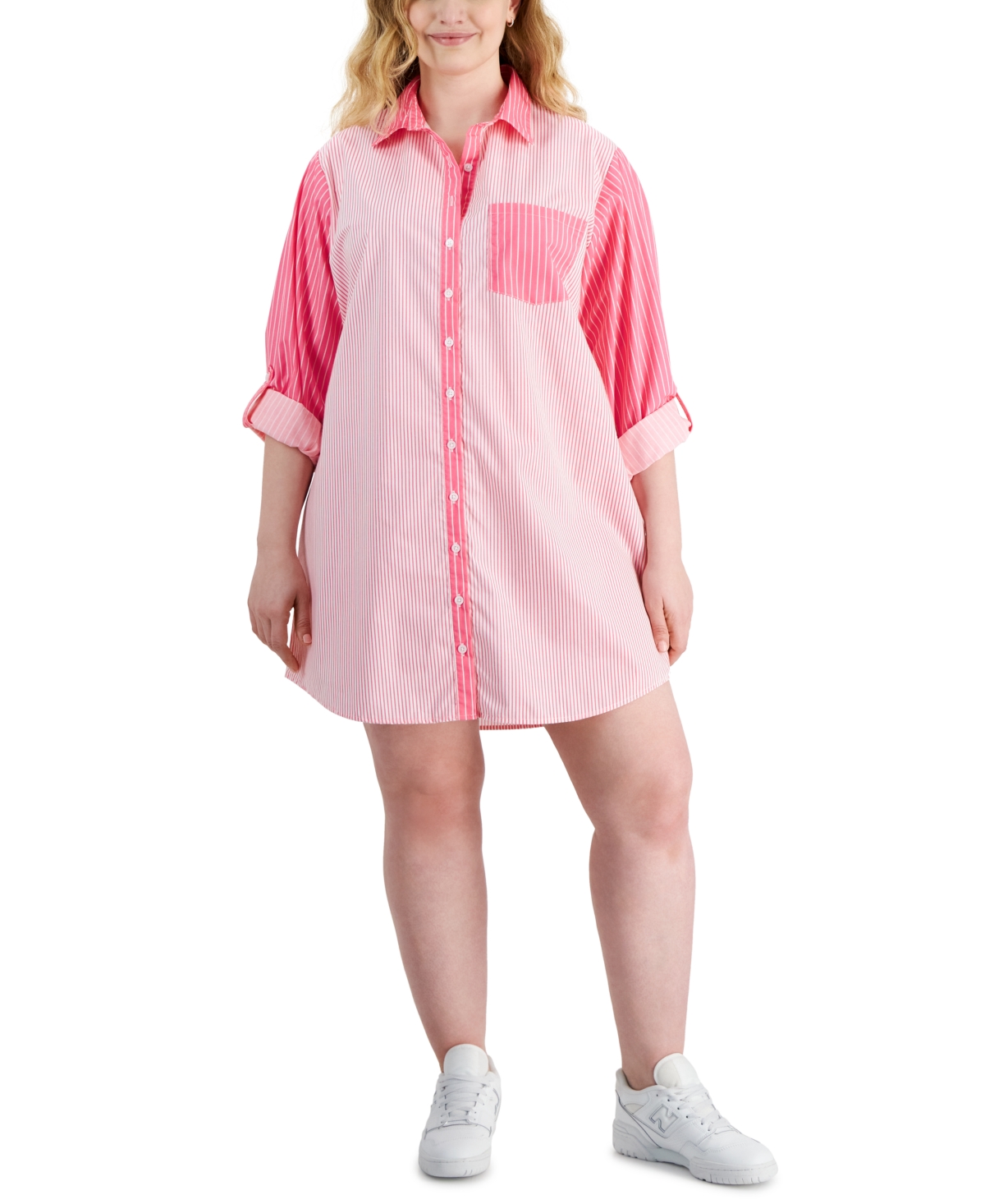 Full Circle Trends Trendy Plus Size Colorblocked Shirtdress In Azalea Pink