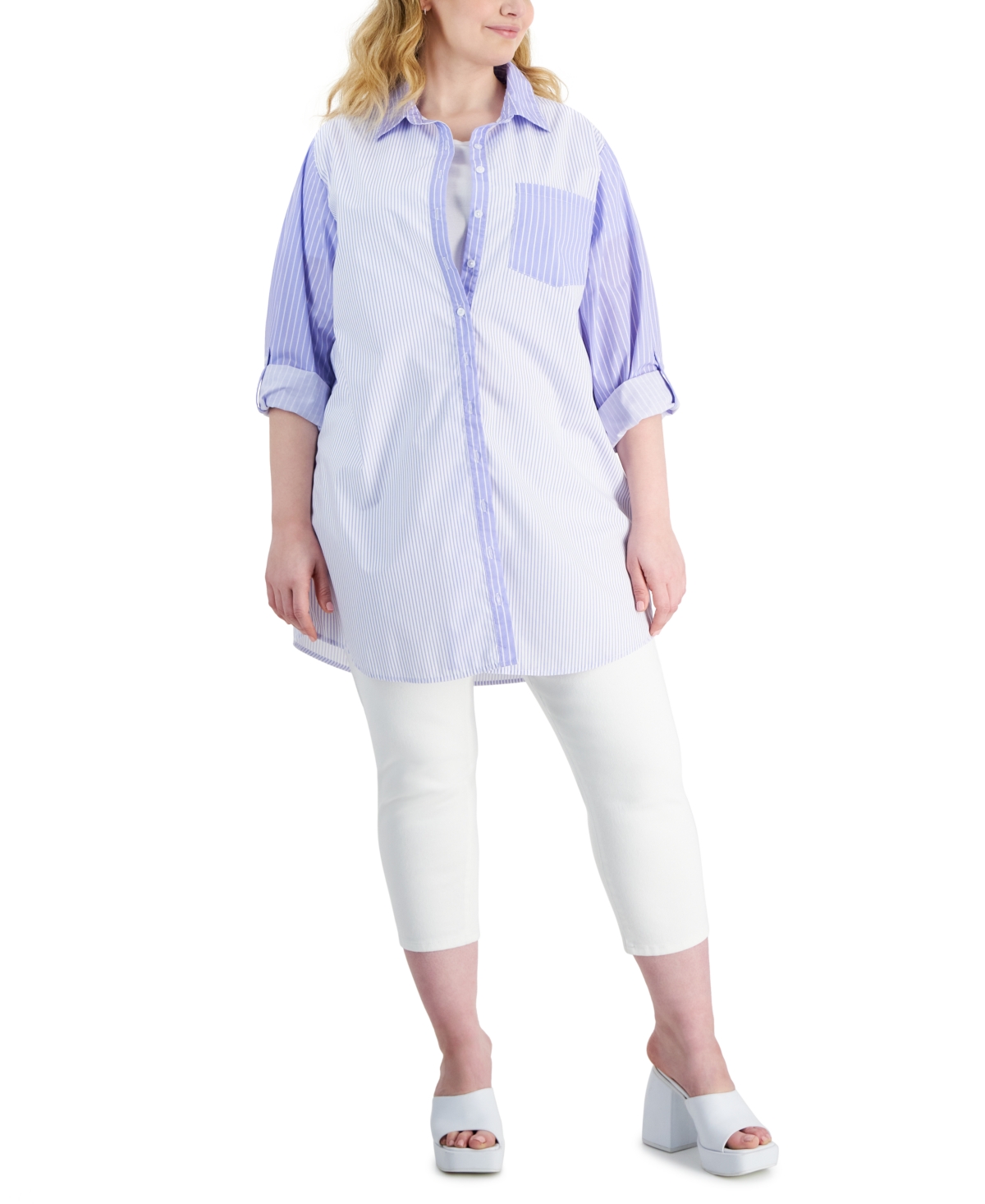 Full Circle Trends Trendy Plus Size Colorblocked Shirtdress In Blue Heron
