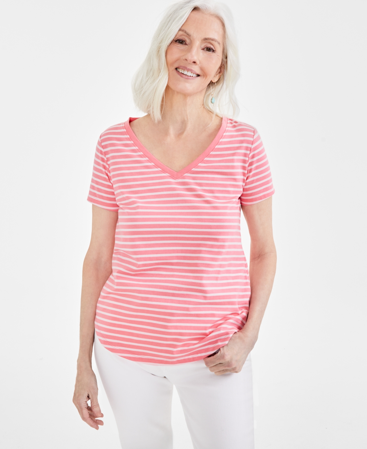 Style & Co Women's Striped Knit V-neck T-shirt, Created For Macy's In Coral Stripe