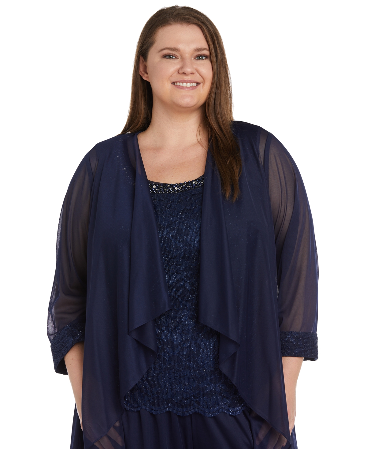 R & M Richards Plus Size 3-Pc. Waterfall Jacket, Glitter Top & Wide-Leg Pants Set