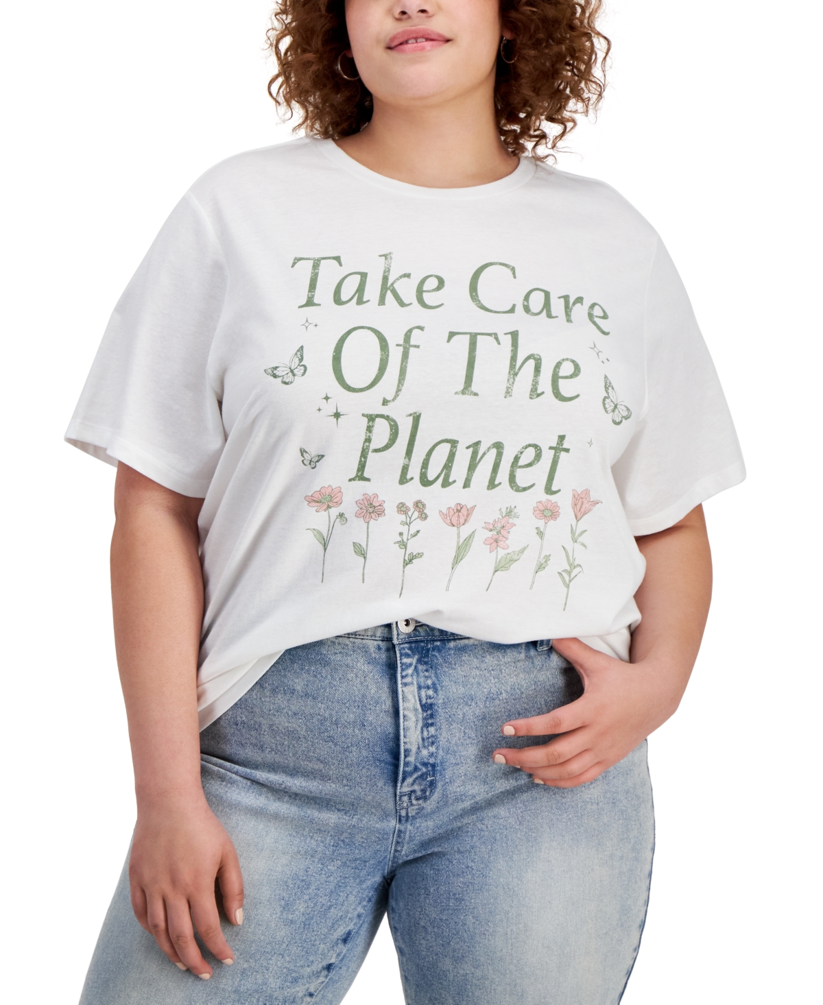 Trendy Plus Size Take Care of the Planet Graphic T-Shirt - Offwhite