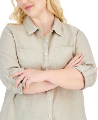 Charter Club Plus Size 100% Linen Roll-Tab Shirt